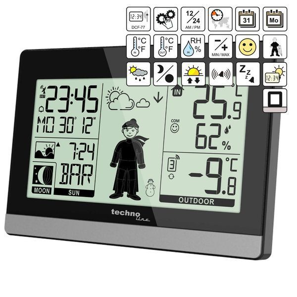 Метеостанція Technoline WS9612 Black з прогнозом погоди будильником радіоконтролем часу бездротовим датчиком рівнем комфорту та т DAS301185 фото