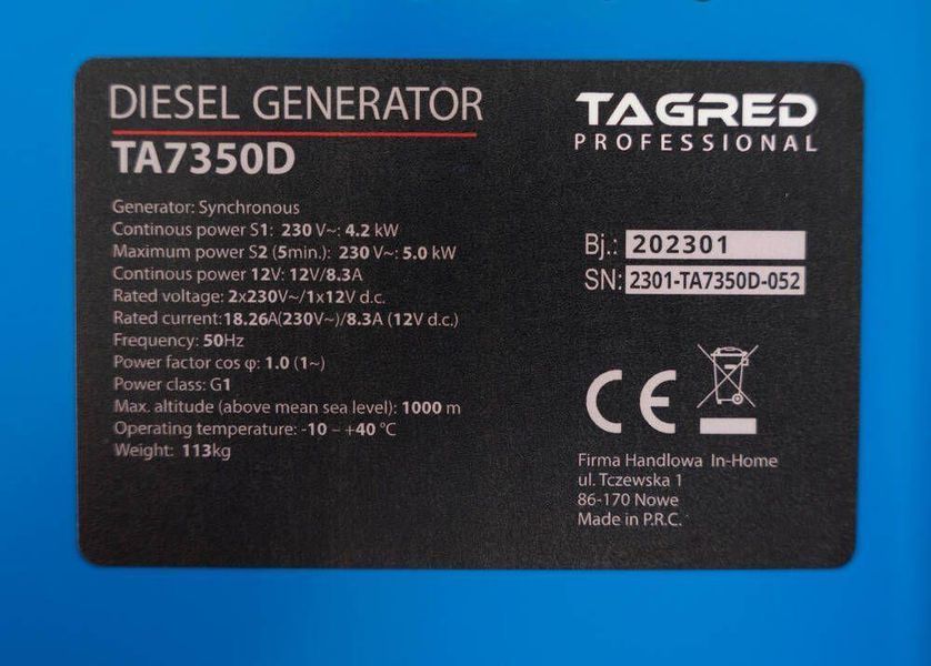 Дизельний генератор TAGRED TA7350D чорний 4-тактний 4.2 кВт 230 V (TA7350D) новий автоматичний запуск вага 113 кг TA7350D фото