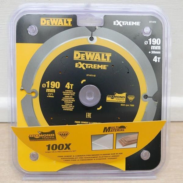 Диск пилковій універсальний DeWALT DT1472 діаметр 190 мм кількість зубів 4 кут заточування 12 градусів максимальні обороти 7000 о DT1472 фото
